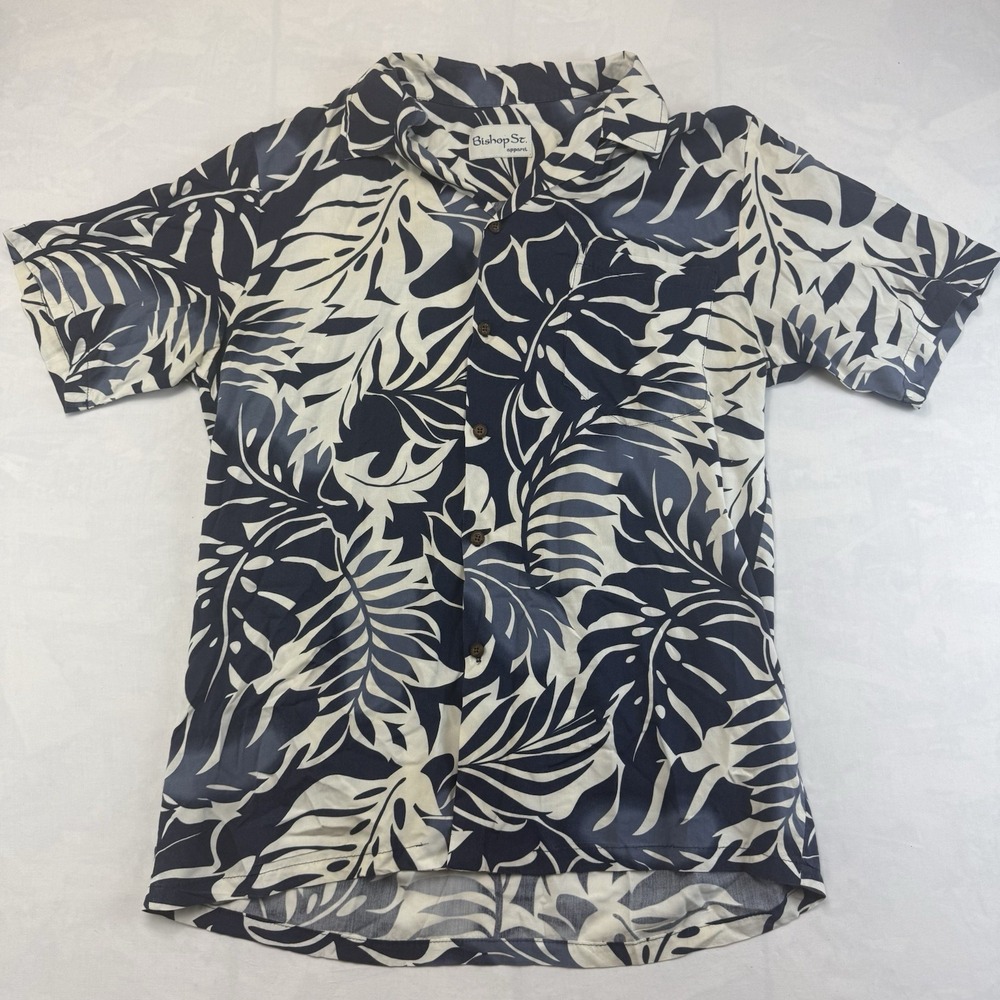 Bishop St. Apparel Hawaiian Aloha Shirt Blue White Tropical Leaf Men's L